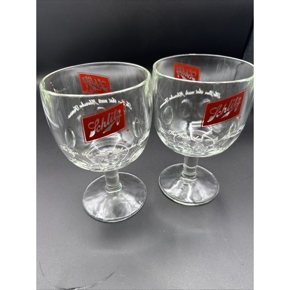Set of 2 Vintage Schlitz Beer Goblets with Thumbprint Dimples Chalice